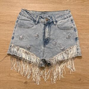 Fringe Denim Shorts with Star Embroidery